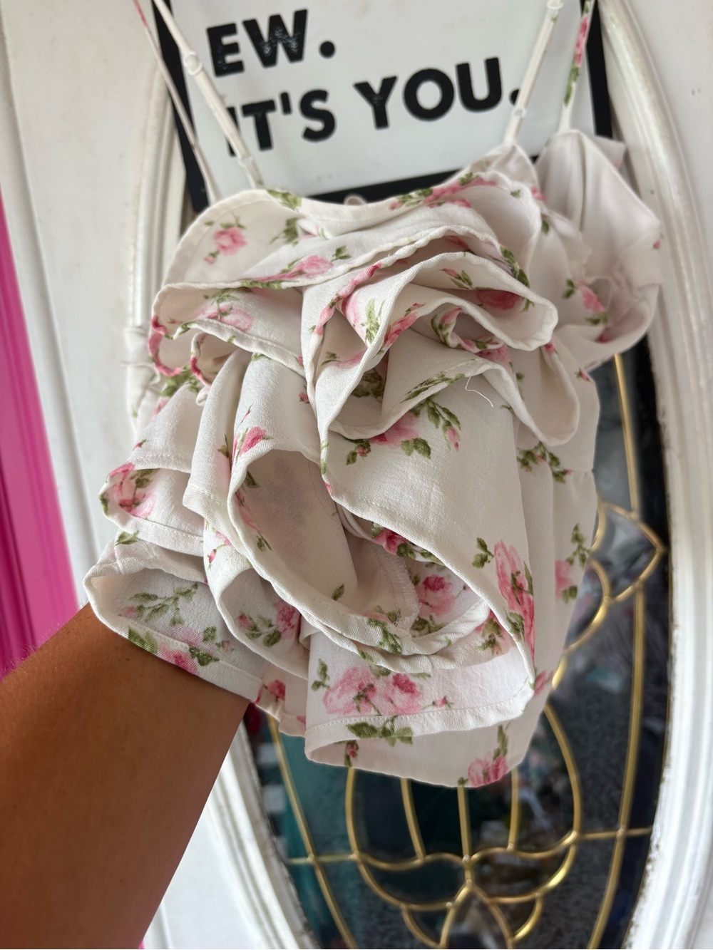 Altar'd State White Floral Tiered A-Line Dress romper with Pink Roses - Picture 7 of 7